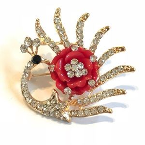 Item# B42 Red Rose/Peacock Brooch *